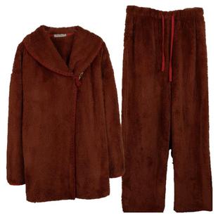 朵朵可可家居服睡衣女2025新款秋冬加厚双面绒中长款系带保暖套装