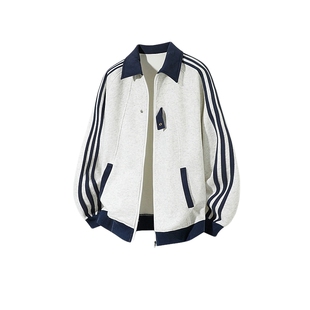 悟空有货美式复古三条杠撞色立领夹克男秋季潮牌宽松情侣百搭外套