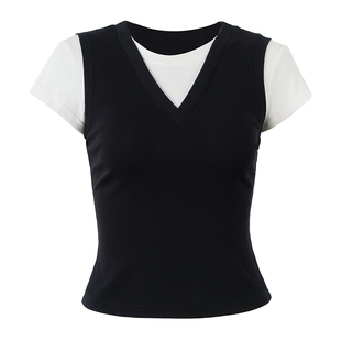 call it a day 黑白色/粉白色圆领假两件修身短款撞色T恤上衣女