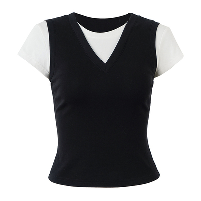 call it a day 黑白色/粉白色圆领假两件修身短款撞色T恤上衣女