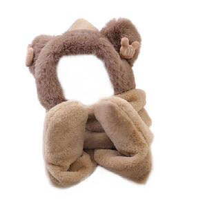 下拉享优惠】冬季可爱小熊帽子女生保暖护耳毛绒帽连手套围巾一体