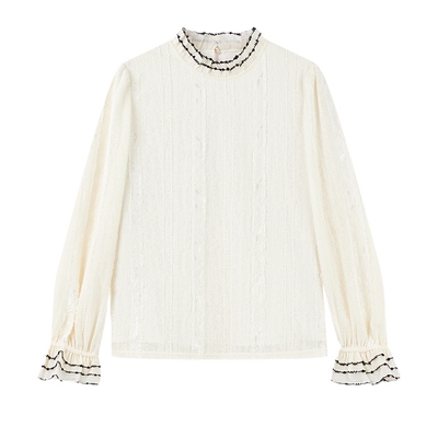 撞色绣花秋水伊人复古蕾丝衫