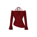 安妮不火 一字肩蝴蝶结领烫闪高弹磨毛T恤女微胖大码收腰挂脖上衣