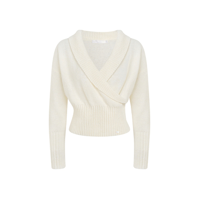 羊毛混纺交叉V领宽松收腰针织衫