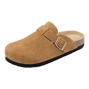 达芙妮勃肯鞋女2026新款春季厚底一脚蹬真皮包头半拖孕妇鞋子单鞋