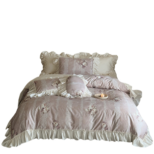 法式中古风全棉长绒棉床上四件套纯棉花边被套床单公主风复古床品