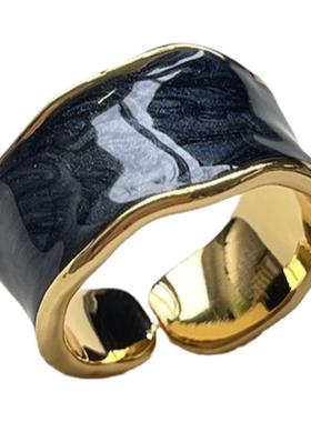 法式复古质感黑白珐琅釉开口戒指