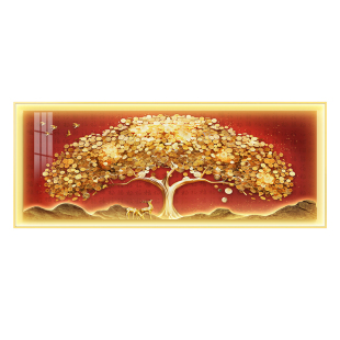 发财树客厅装饰画高级感摇钱树沙发背景墙挂画2026新款带灯光壁画