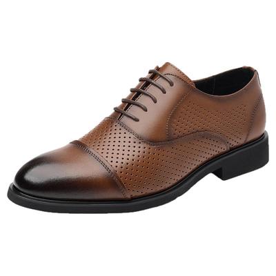 稻草人皮鞋透气真皮大码增高镂空