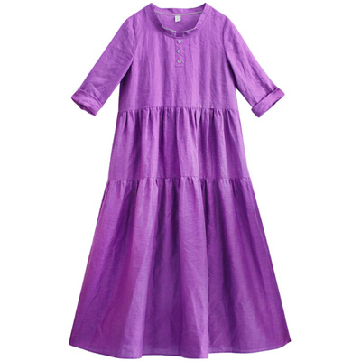 忆旧原创亚麻紫色连衣裙遮肚显瘦