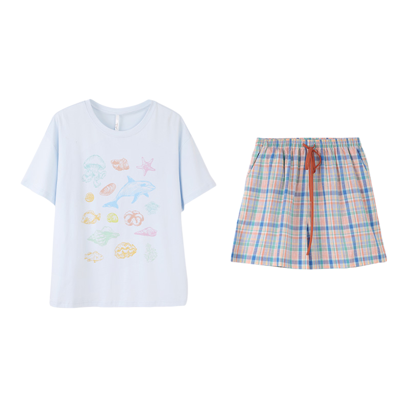 安之伴可外穿纯棉睡衣女夏季圆领短袖短裤甜美海洋印花家居服套装