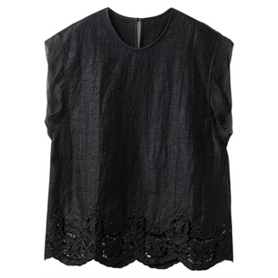 一丝牵 下摆刺绣香云纱龟纹真丝短袖T恤女100%桑蚕丝欧根纱上衣夏