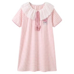韩系卡通可爱娃娃领短袖睡衣女2026夏季新款大码宽松家居服睡裙