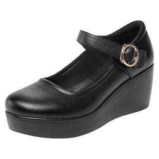 黑色浅口单鞋坡跟厚底不累脚女鞋软底圆头扣带皮鞋2025秋新款百搭