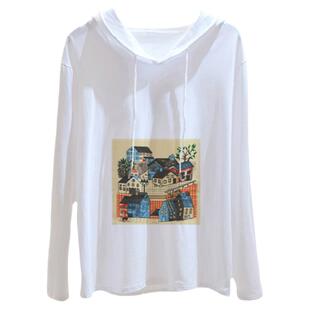 白色纯棉长袖t恤女宽松2026春秋季新款韩版连帽体恤纯色百搭上衣