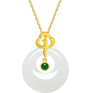 周六福和田玉吊坠女金镶玉黄金足金福纹平安扣玉坠挂件情人节