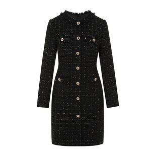 朗姿/莱茵福莱尔轻奢华丽格纹珠饰粗花呢小香风优雅连衣裙女黑色