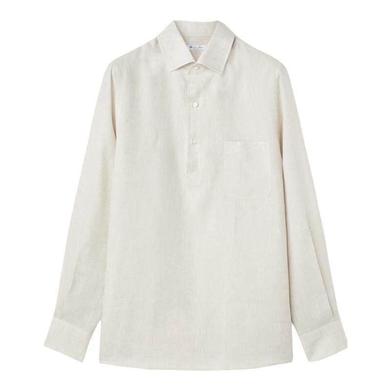 Loro Piana/诺悠翩雅男装亚麻帆布白色马球领长袖衬衫