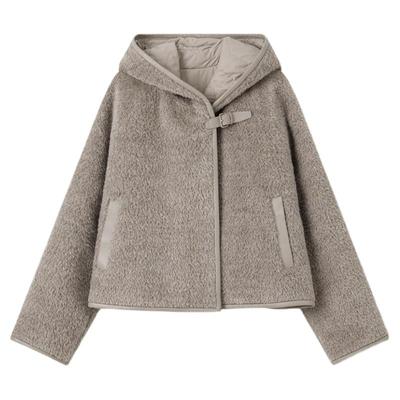 华吉言【驼铃】阿尔巴卡含羊毛羊驼毛真皮扣连帽设计感外套