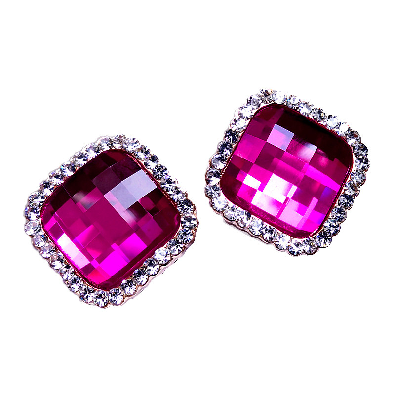 欧美时尚名媛大气方形红蓝宝石大耳钉新娘结婚耳扣黑色无耳洞耳夹