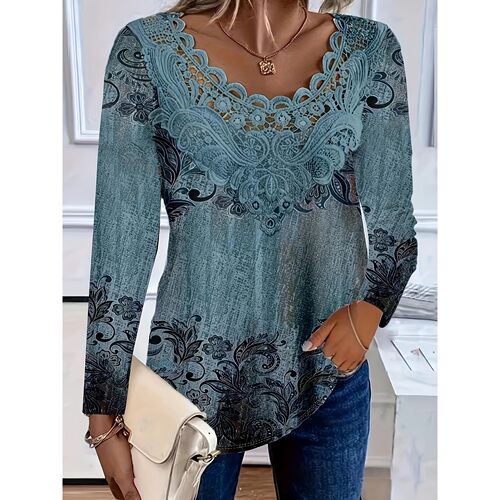 Q 74736 Spliced Lace Round Neck Long Sleeve Top 拼接蕾丝上衣