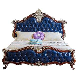 欧式实木床主卧双人床 美式别墅卧室靠背大床雕刻深色描金真皮床