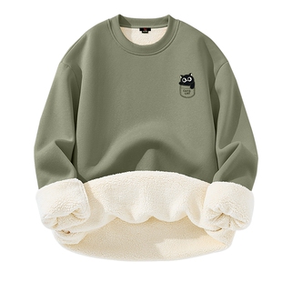 班尼路S&K重磅羊羔绒圆领卫衣男冬季新款男大学生抹茶绿保暖上衣A