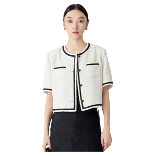 古木夕羊通勤气质短袖外套女撞色织带肌理感圆领上衣GS41007012