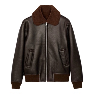 季末7折SANDRO2025秋冬新款男装法式羊毛革松紧收腰毛领皮衣外套