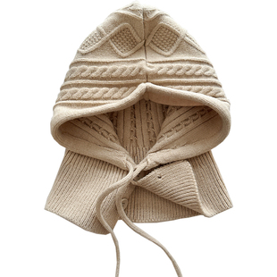 复古红巴拉克拉法帽子女冬保暖帽子围脖一体情侣护耳毛线针织帽