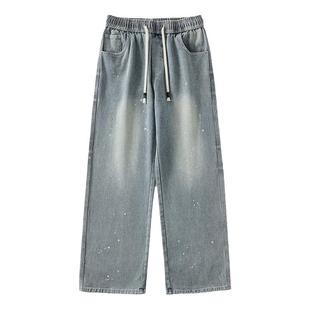 @港仔文艺男 泼墨牛仔裤男2026新款秋冬加绒加厚直筒阔腿工装裤子