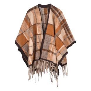 美拉德系格子披肩女外搭韩版百搭秋冬季仿羊绒保暖围巾斗篷厚披风