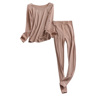 大圆领纯色莱赛尔绵羊毛混纺秋衣秋裤发热隐形保暖内衣套装女Q053