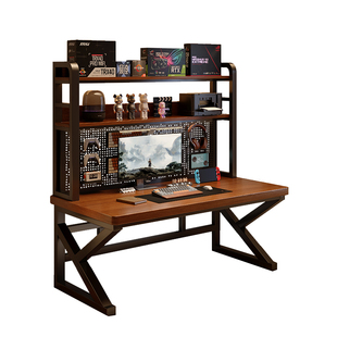 实木书桌书架一体桌子带洞洞板家用学生学习电竞桌卧室台式电脑桌