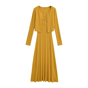 YoungGirlDay纯欲性感收腰显瘦吊带连衣裙长裙长袖单排扣开衫套装