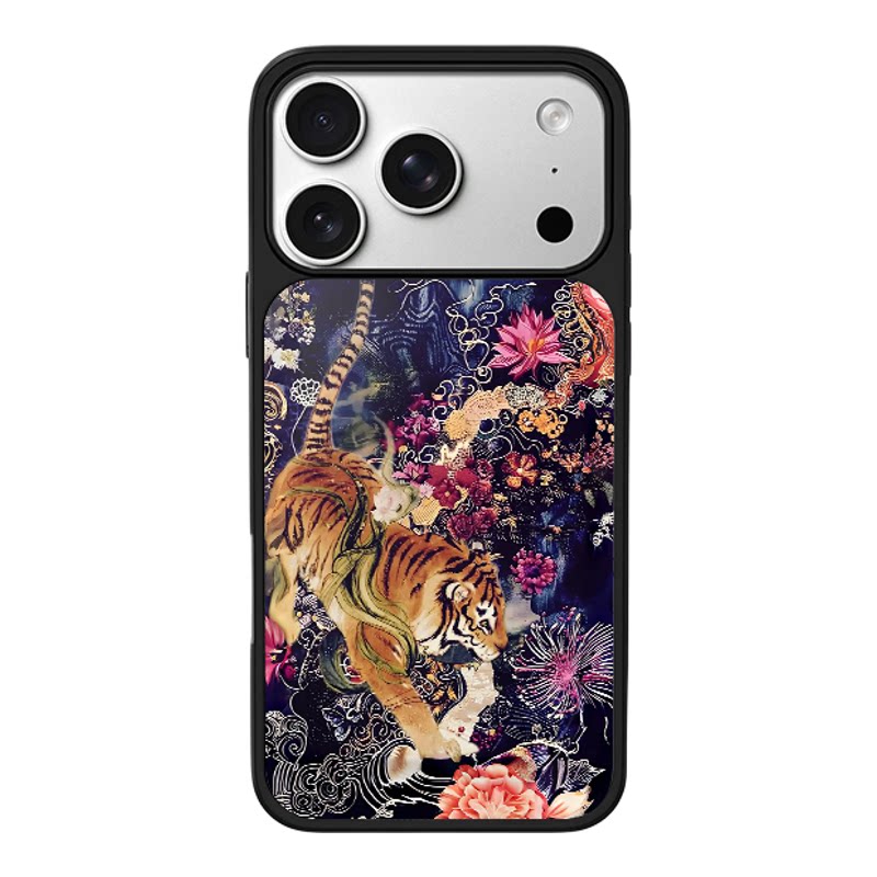 新中式猛虎百花海浪插画适用于苹果17promax新款手机壳iPhone air/16pro/15plus14玻璃13pro手机套冰感小米17
