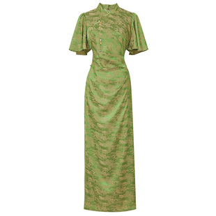 2026夏新款时尚新中式设计感荷叶袖收腰侧开衩长裙旗袍连衣裙女