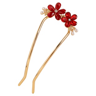 红棠金簪-国风新年U型发簪红色琉璃花朵发钗盘发不散发超稳固簪子