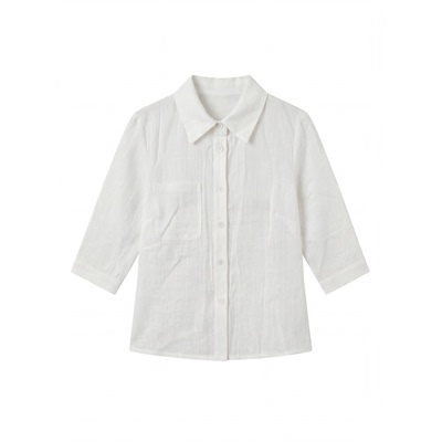 大眼LARGE EYE 通勤高智感 中袖小个子白衬衫亚麻微透收腰衬衫女