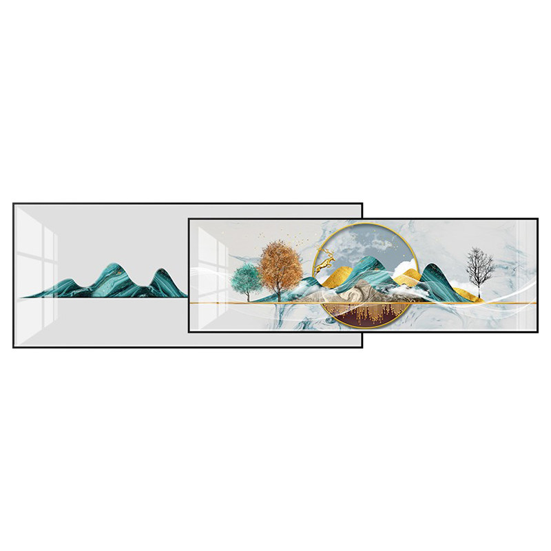 大气山水麋鹿横版叠加客厅装饰画