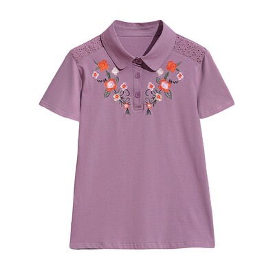 夏季新款纯棉刺绣T恤杉中年妈妈宽松短袖翻领上衣女装减龄POLO衫