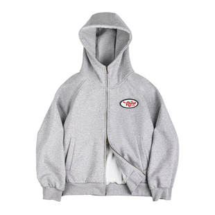 MRA男装 410g加绒连帽章仔卫衣重磅加厚双拉链短款运动开衫外套冬