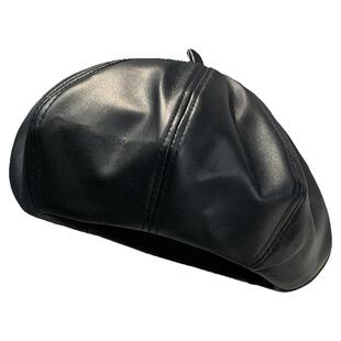 日系pu皮质贝雷帽女秋冬圆脸适合的帽子画家帽黑色复古八角南瓜帽