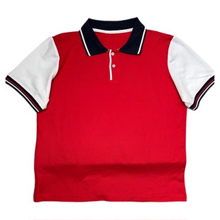 定制校服红色上衣拼接白色短袖中小学生休闲运动藏蓝色翻领pole衫