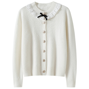 仙气流光~加厚miu系蕾丝花边100%纯山羊绒开衫女纯羊绒毛衣外套秋