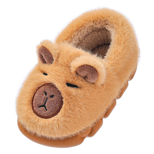 卡皮巴拉棉拖鞋儿童男童包跟卡通可爱亲子女宝宝毛毛拖鞋冬毛绒