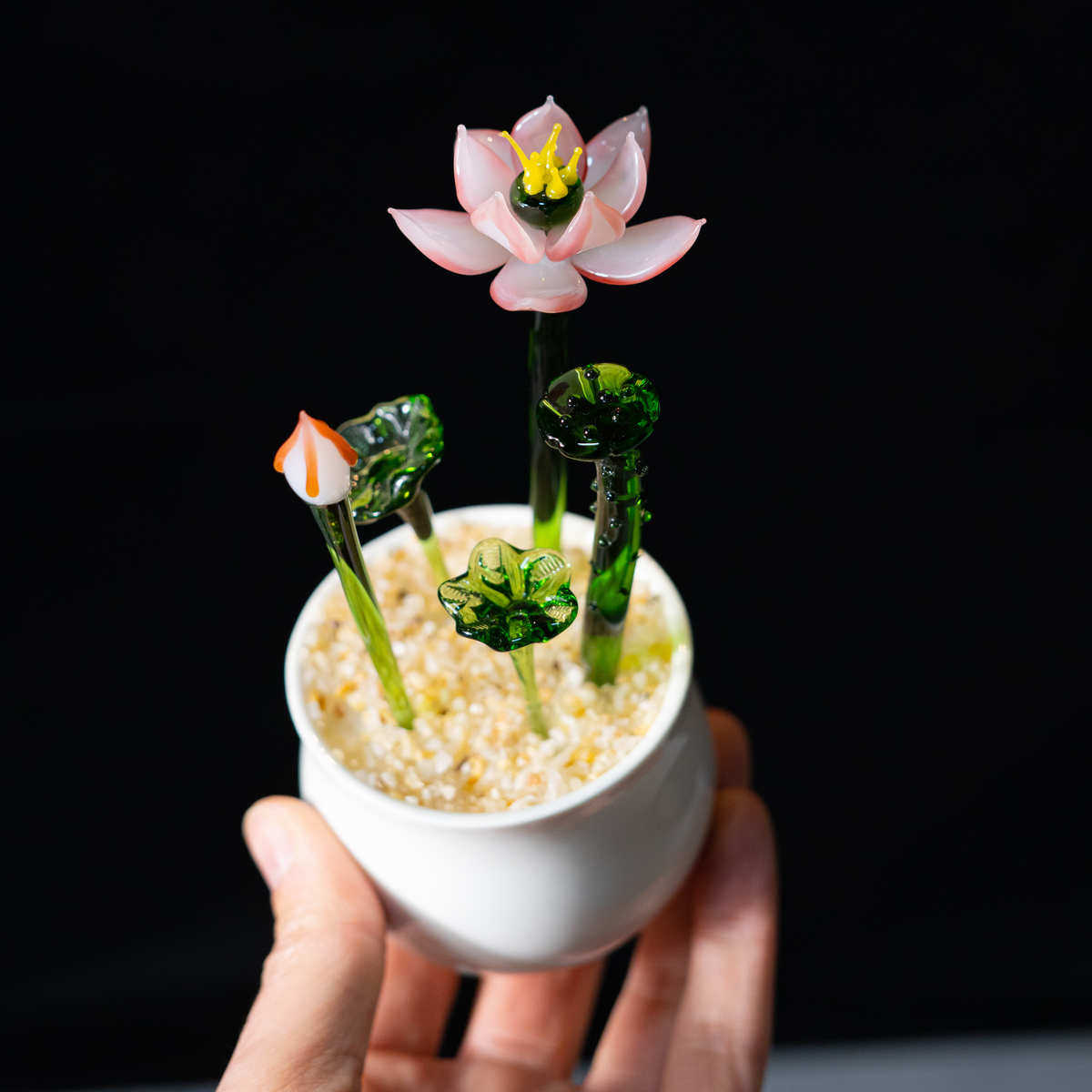 琉璃荷花淄博琉璃盆栽仿真绿植盆栽莲花好运连连琉璃茶台茶桌摆件