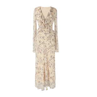 SYT自制 法式v领荷叶边喇叭袖连衣裙女2025秋季新款优雅温柔长裙