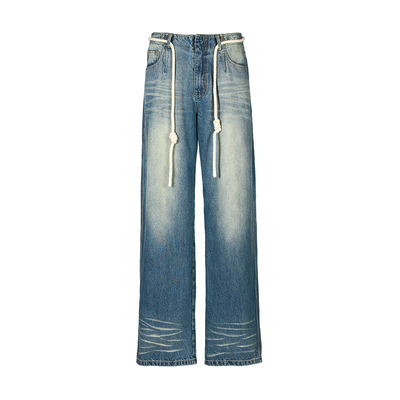 Howwell  水波纹牛仔裤 洗白抽绳设计阔腿裤中腰