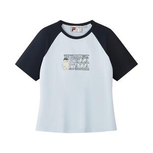 FILA FUSION丨潦草小狗联名系列T恤女子短袖夏季修身插肩袖上衣